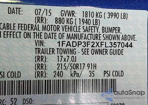 2015 Ford Focus Se z USA, uszkodzony, nr VIN 1FADP3F2XFL357044